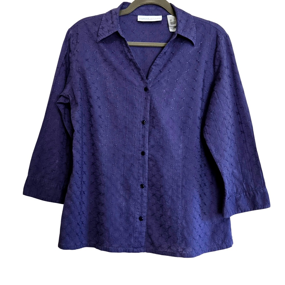 First Issue Liz Claiborne Womens Large Blue Embroidered Cotton Button Down Shirt